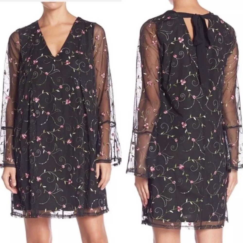 BCBGeneration Bow Back Flare Sleeve Floral Embroidered Dress Black L Cocktail